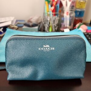 Coach Teal Silver Glimmer Leather Cosmetic Travel Bag